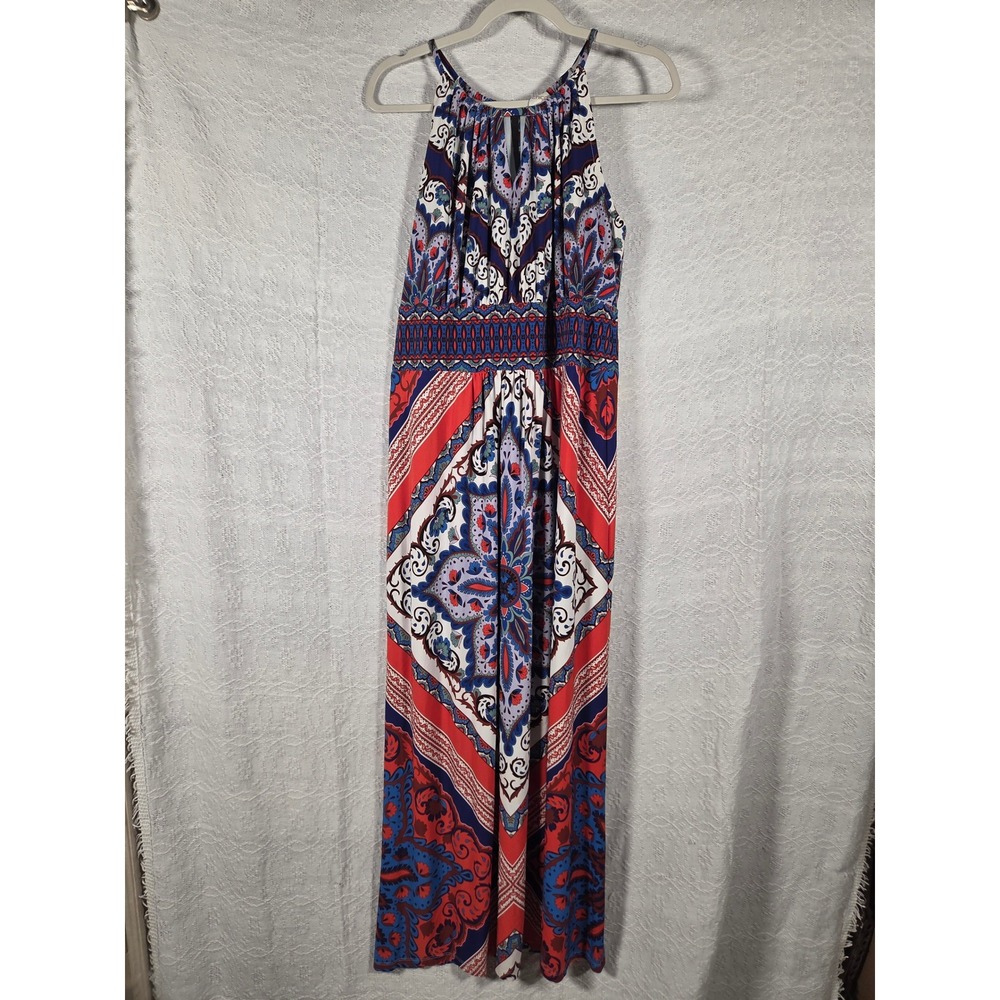 Chicos Red White Blue Paisley Medallion Halter Maxi Dress Size 2 Large